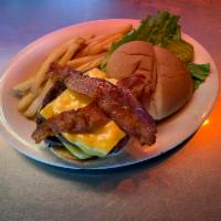 Bacon Double Cheeseburger · 2 big time beef patties with Swiss or American cheese and 2 bacon strips.