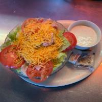 Super Chef Salad · Diced ham, diced turkey and shredded cheddar cheese with slices of tomato, egg halves and a ...
