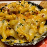 Midnight Mac and Cheese · Chopped bacon, sweet sausage, fresh jalapeno, fried pickles on the side for the win!