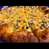 Okey Dokey Artichokie Pizza · House made spinach artichoke dip, melted cheese blend.
