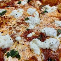 Mrs Ds Favorite Pizza · Locally made burrata, thin sliced prosciutto, fresh basil