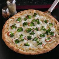 Broccoli, Ricotta Cheese and Tomato White Pizza · Olive oil, garlic, broccoli, fresh tomato, ricotta and mozzarella cheese.