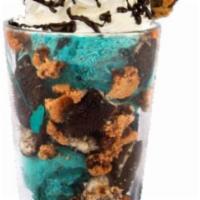 Cookie Monster Creation · Cookie Monster ice cream, Chips Ahoy, Oreo and fudge.