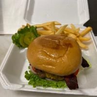 Bacon Cheese Burger Lunch · Lettuce, tomato, onion and cheddar cheese and bacon. Includes a choice of side. Substitute f...