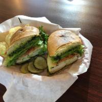 Chicken Breast Sandwich · Roasted chicken breasts, Jack cheese, lettuce, tomato and herb sauce.