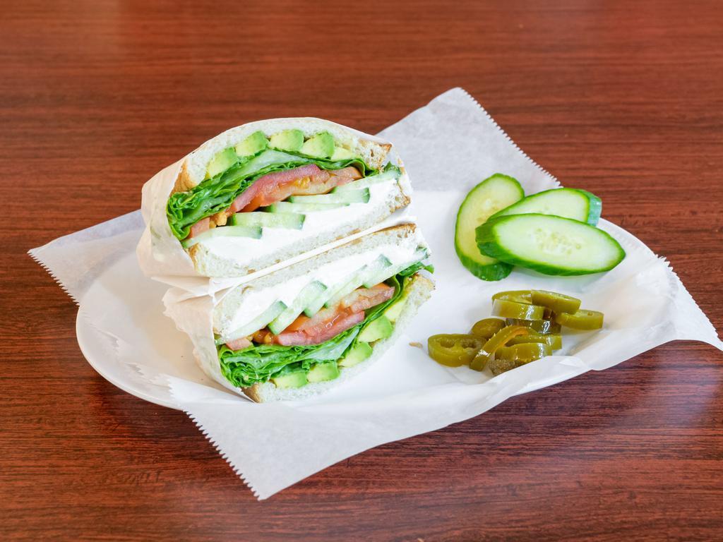 Gabster Sandwich · Cream cheese, avocado, cucumber, tomato, lettuce and sprouts.