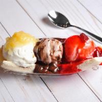 Banana Split · With chocolate overload, strawberry and vanilla ice cream, fresh banana hot fudge, pineapple...