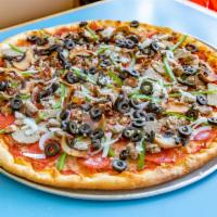 House Special Pizza · Pepperoni, sausage, meatballs, onions, peppers, mushrooms, bacon, olives, and garlic.
