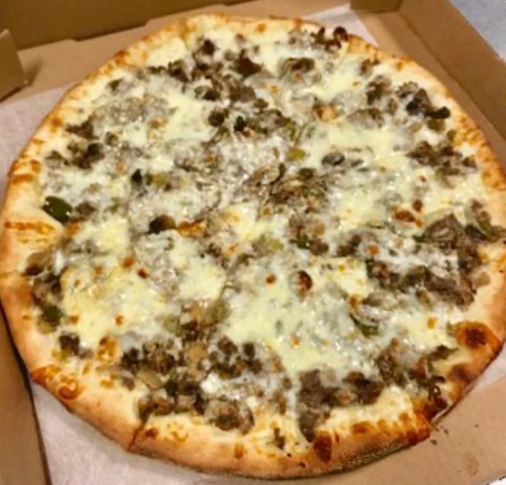 Steak Special Pizza · Mushrooms, onions, peppers, and steak.
