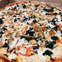 Mediterranean Pizza · Feta cheese, olives, chicken, spinach, and sliced tomatoes.
