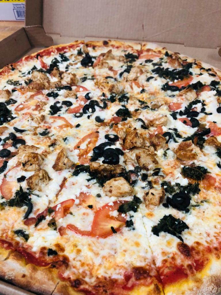 Mediterranean Pizza · Feta cheese, olives, chicken, spinach, and sliced tomatoes.
