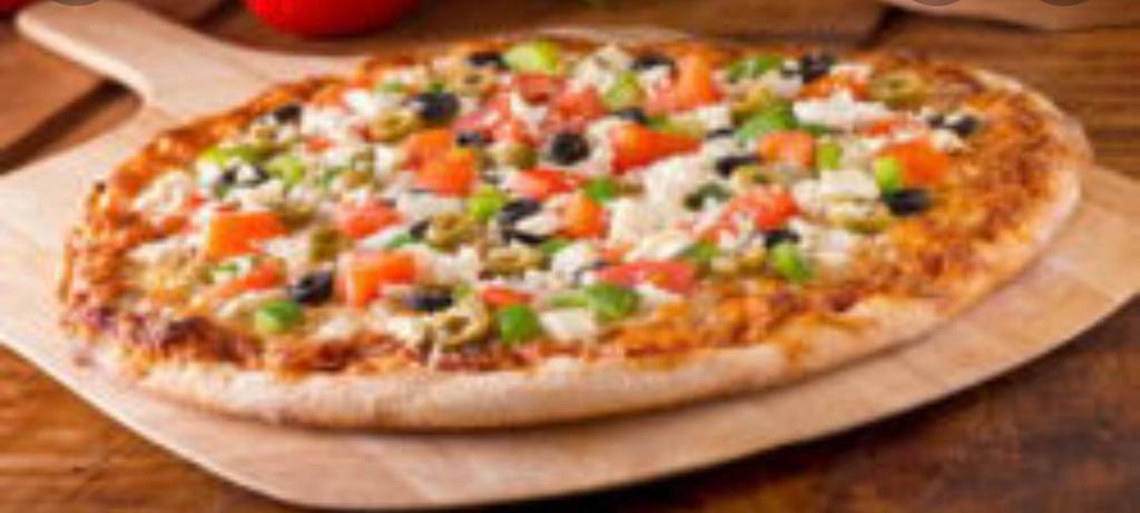 Greek Pizza · Feta, tomatoes, olives, and garlic.
