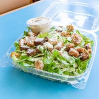 Caesar Salad · Crisp romaine tossed with croutons, Caesar dressing, and grated cheese. Extra dressing for a...