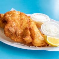 Fish and Chips · Fresh cod fish with french fries served with tartar sauce and cole slaw.