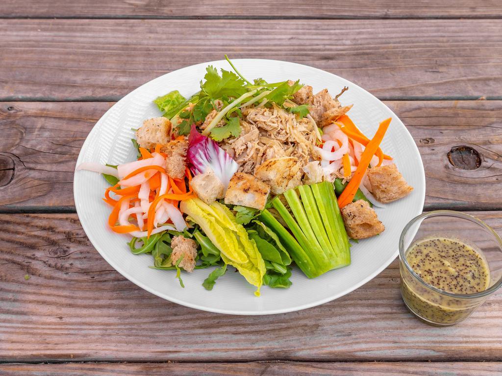 Z75. Chicken Salad · Shredded roasted chicken, organic mixed greens, cilantro, scallions, pickled carrots and daikon, cucumber and poppy seed vinaigrette.