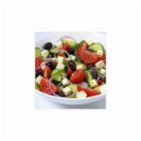 Greek Salad · Chopped romaine lettuce, parsley, red onions, tomatoes, olives, feta cheese and served with ...