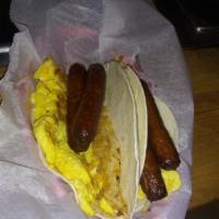 Breakfast Burrito Breakfast · 1 egg, hash browns, and sausage links wrapped in a flour tortilla.