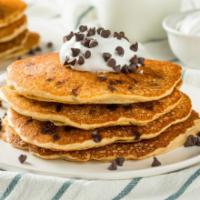 Chocolate Chip Pancakes · Fluffy butter-milk pancakes topped with chocolate chips.