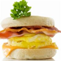 Bacon & Egg on English Muffin · Customer's choice of eggs and crispy bacon, topped on fresh fluffy English muffin.