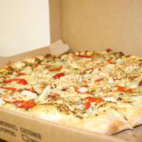 Chicken Pesto Supreme Pizza · Pesto sauce, grilled chicken, roasted red peppers and onions.