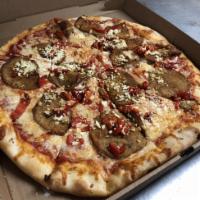 Eggplant Lovers Pizza · Eggplant, feta cheese, roasted red peppers, garlic.
