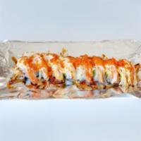 49er's Roll · In: Shrimp tempura and avocado. Out: Crab meat, baked mozzarella, unagi sauce and tobiko. Co...