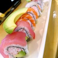 Rainbow Roll · In: Crab and avocado. Out: Tuna, salmon, snapper, shrimp and albacore. Raw.