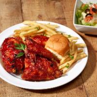 BBQ Chicken Dinner · 4 pieces of BBQ chicken, fries, salad, and roll.