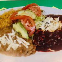 Enchiladas Rojas o Verdes · 3 corn tortillas stuffed with ground beef, chicken or skirt steak. Topped with red or green ...