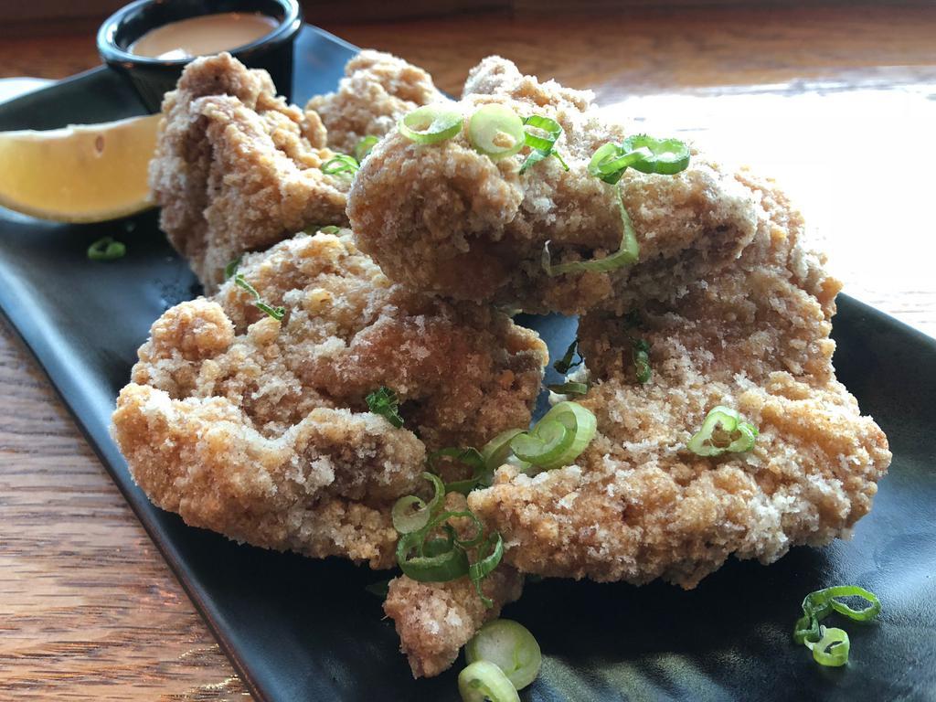 Chicken Karaage · 5 Pieces. Japanese style, lightly battered fried chicken. Served with spicy katsu mayo.