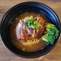 Duck Noodle Soup · Roasted duck noodle soup with ramen noodle, bok choy. Sprinkled with scallion, cilantro and ...