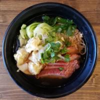 Mi Wonton (Mi HoanhThan) · Pork and shrimp dumpling and ramen noodle with bok choy, sliced roasted pork and fried garli...