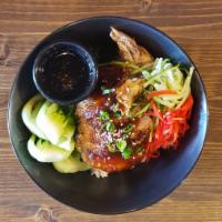 Roasted Duck Rice Bowl · Roasted duck, bok choy, cucumber and pickle ginger. Sprinkled with sesame seeds and scallion...