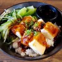 Fried Tofu Rice Bowl · Light battered fried Japanese tofu, bok choy and cucumber. Sprinkled with sesame seeds and s...