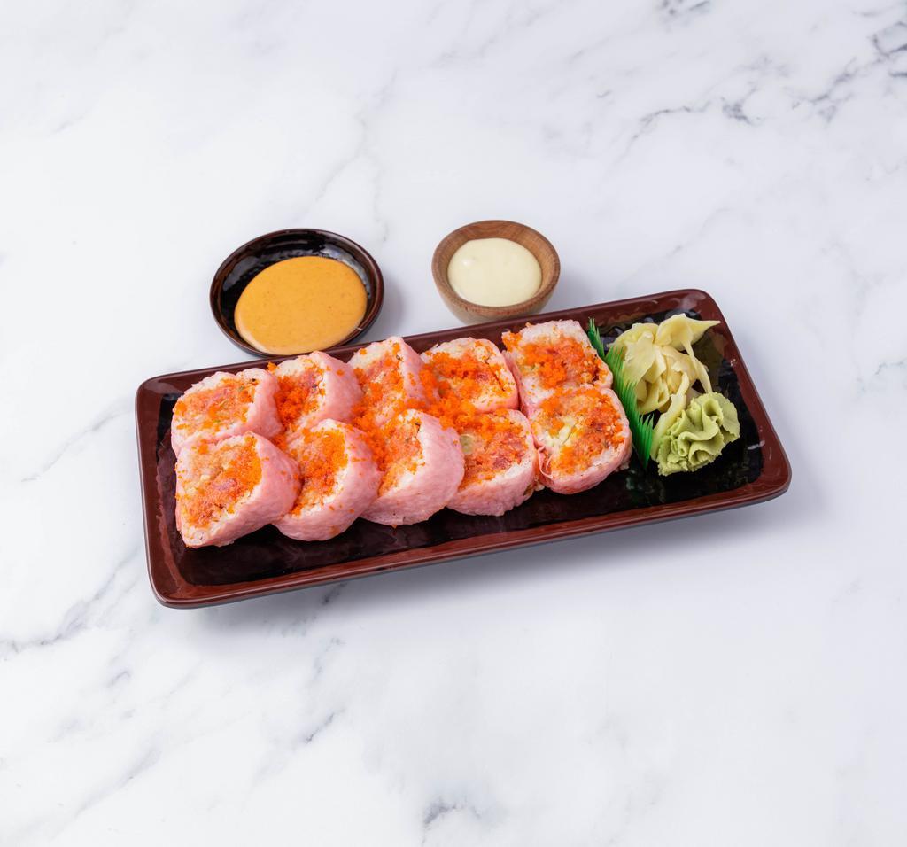 Spicy Girl Roll · Spicy tuna, spicy salmon, spicy yellowtail, crunchy, cucumber wrapped with soybean paper topped with spicy wasabi sauce.