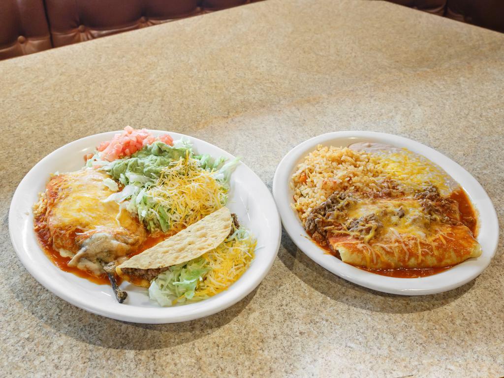 Special Dinner · Chalupa, taco, chile relleno, tamale and enchilada. Served with Mexican rice and re-fried beans.
