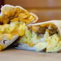 Breakfast Burrito · Regular. Eggs, chorizo, blend of cheeses, hashbrowns, green chilis and onions wrapped in a s...