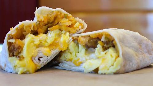 Breakfast Burrito · Regular. Eggs, chorizo, blend of cheeses, hashbrowns, green chilis and onions wrapped in a soft flour tortilla.