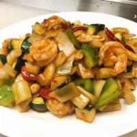 Kung Pao prawns 宮保虾  · prawns sauteed with fresh zucchini, celery and chili peppers topped with peanuts. Hot and sp...