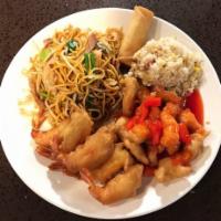 Combination Dinner #5 · Pork lo mein (soft), or pork chow mein (crisp), sweet and sour chicken, fried shrimp, pork f...