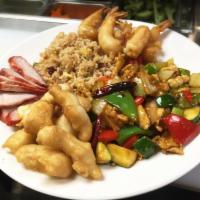 Combination Dinner #6 · Kung Pao chicken or Mongolian beef, sweet and sour chicken, pork fried rice, fried shrimp an...