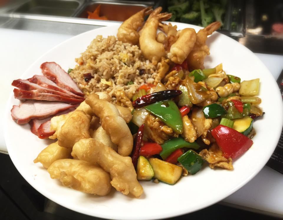 Combination Dinner #6 · Kung Pao chicken or Mongolian beef, sweet and sour chicken, pork fried rice, fried shrimp and BBQ pork.