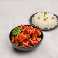 General Tso's Chicken · Served with white rice. Hot and spicy.