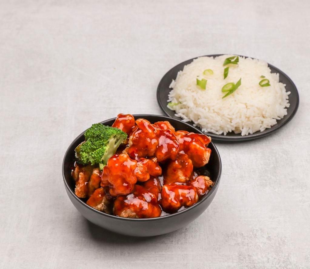 General Tso's Chicken · Served with white rice. Hot and spicy.