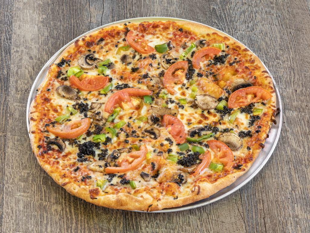Garden Veggie Pizza · Onions, green peppers, green and black olives, fresh tomatoes, mushrooms.