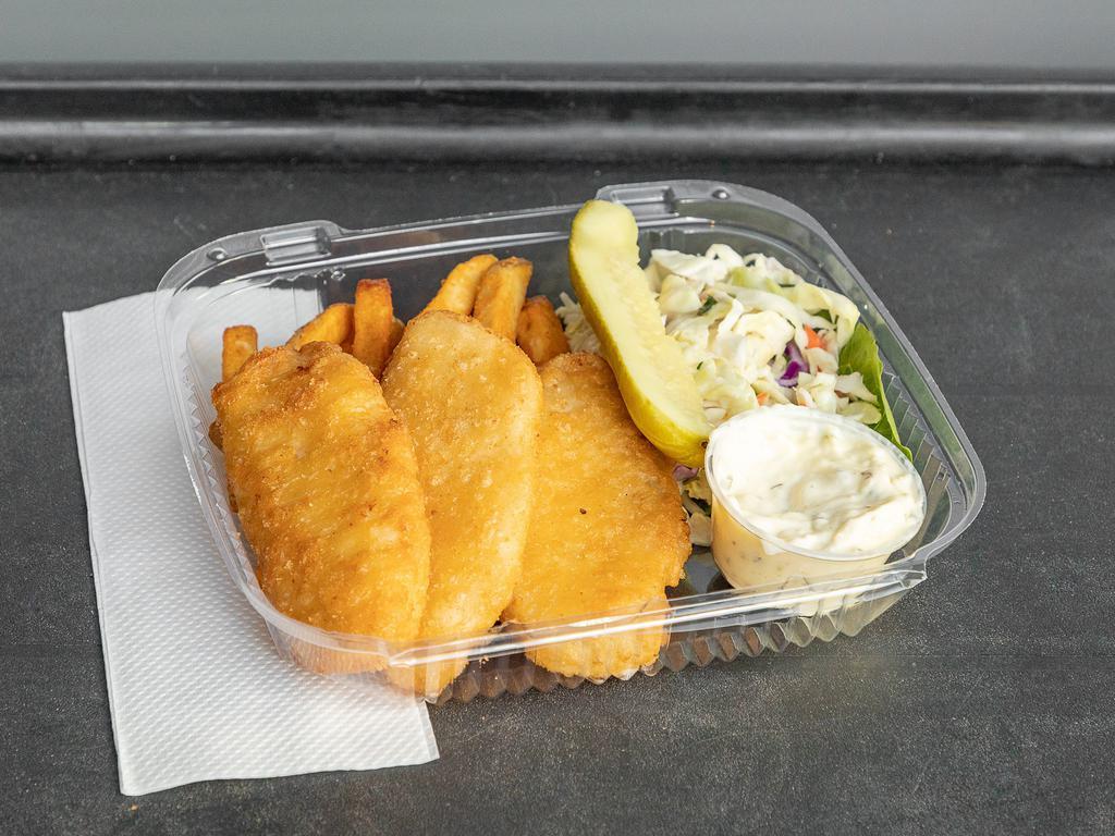 Fish and Chips  · Seafood. Codfish, breaded and drink.