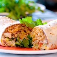 B1. Chicken Burrito · Served w.12 inch fresh flour tortillas with rice ,bean ,lettuce ,cheese and tomato