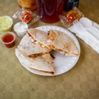 Q1. Monterey Jack Cheese and Chicken Quesadilla · made w. 2 Fresh flour tortilla held together w. melted cheese