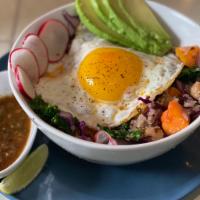 Hot Bowl · Garbanzos, roasted butternut squash, kale, quinoa, chimichurri, red cabbage, one sunny side ...