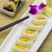 J10. Naruto Roll · Wrapped with thin sliced cucumber avocado and caviar.